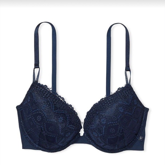 Navy Blue Lace Overlay Padded Bra - Picture 1 of 6